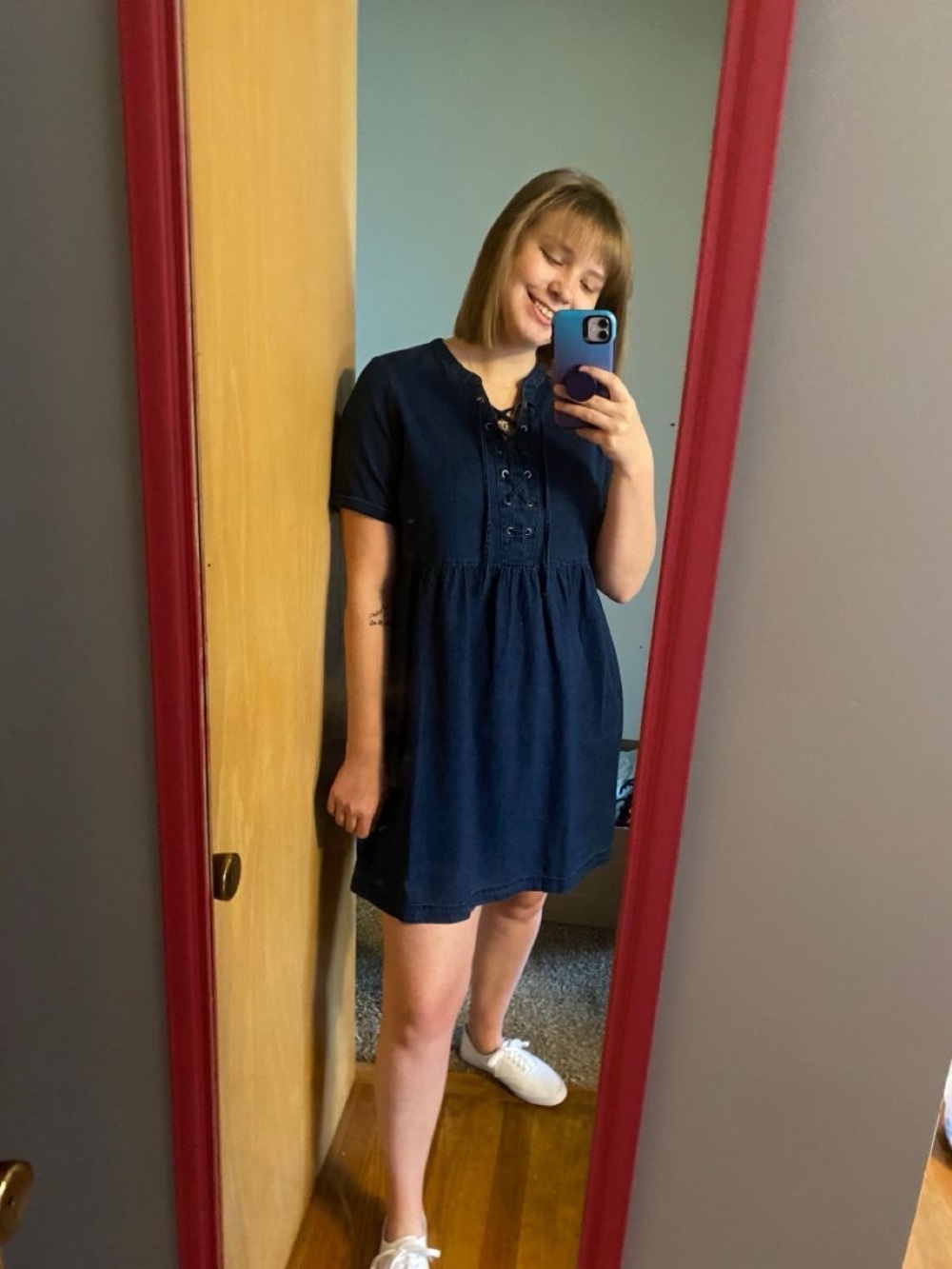 Old Navy Girls Denim Lace-Up Short Sleeve Dress - Blue